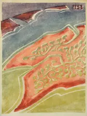 Dorrit Black, Air Travel 1: Mud Hats and Islands, 1947-49, colour linocut on thin white oriental laid paper