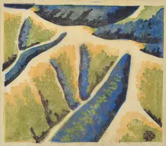 Dorrit Black, Air Travel 4: Over the Mountains 1947- 49, colour linocut on thin cream oriental wove paper