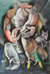 Self with Fox by Anne Hall, 1980, watercolour and pastel on paper, sold Mar 2016