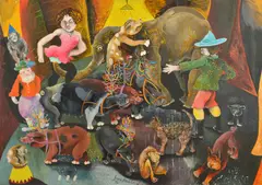 The Performing Pigs by Anne Hall, 1972, oil on board, sold Mar 2016