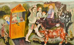 Punch and Judy by Anne Hall, 1972, oil on board, sold Mar 2016