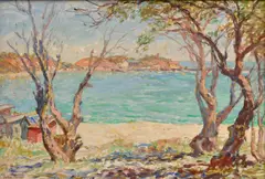 John Rowell, BEACH SCENE, OIL ON BOARD