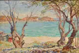 John Rowell, BEACH SCENE, OIL ON BOARD