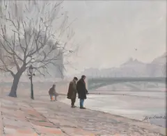 John Balmain, FISHING BY THE PRINCES BRIDGE, OIL ON BOARD