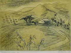 Geoffrey Brown, Highbury Landscape, 1956, coloured etching 5/40