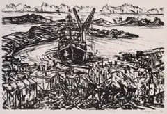 Jan Senbergs, Unloading at Mawson, 1987, lithograph 23/25