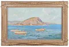 George Whinnen, Moored Boats, oil on canvas on board