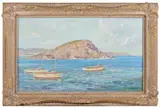 George Whinnen, Moored Boats, oil on canvas on board