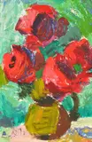 Ludmilla Meilerts, Abstract Red Flowers, 1984, oil on canvasboard