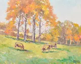 Robert Sydney Rendle Wood, Young Beech Trees in Autumn, oil on board