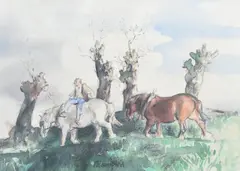 Horses by Edmund Blampied, charcoal and watercolour on paper, sold May 2016