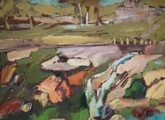 , LANDSCAPE (CREEK WITH ROCKS AND BRIDGE), OIL ON BOARD, 27 X 36CM by Wladyslaw Dutkiewicz, oil, sold Dec 2015