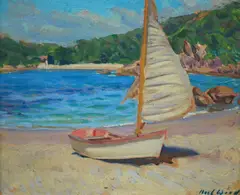 , SAILBOAT ON THE SHORE, BEDARRA ISLAND, OIL ON COMPOSITION BOARD (DOUBLE-SIDED), 37 X 43.5CM by Noel Wood, oil, sold Dec 2015