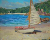 Noel Wood, , SAILBOAT ON THE SHORE, BEDARRA ISLAND, OIL ON COMPOSITION BOARD (DOUBLE-SIDED), 37 X 43.5CM, oil