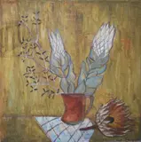 Margaret Bevan, , STILL LIFE WITH PROTEAS, MIXED MEDIA ON BOARD, 80 X 75CM, mixed media