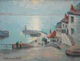 Harry Edmunds Crute, , EUROPEAN WATERSIDE VILLAGE, OIL ON BOARD, 22 X 28CM, oil