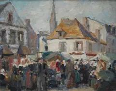 Marie Tuck, , VILLAGE SQUARE, ETAPLES, OIL ON BOARD, 30 X 38CM, oil