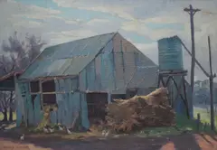 Travis Webber, , SHED WITH CHICKENS, OIL ON CANVASBOARD, 31 X 46CM, oil
