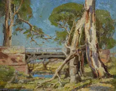 Rose Lowcay, , LANDSCAPE WITH BRIDGE, OIL ON CANVASBAORD, 19.5 X 24CM, oil