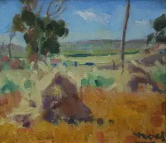 , HAYSTACKS, OIL ON CANVASBOARD, 19 X 22CM by Noel Wood, oil, sold Dec 2015