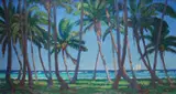 Arthur d'Auvergne Boxall, , PALMS AND LAGOON, OIL ON BOARD, 20 X 37CM, oil