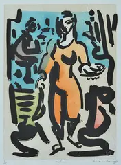 Ian Armstrong, Waitress, woodcut and ink 8/15