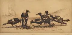 Magpies by Sydney Long, etching (c.), sold Nov 2015