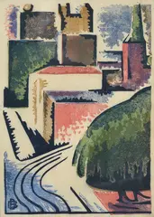 Dorrit Black, Elizabeth Street, Sydney, 1939, colour linocut