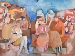 Crowded Beach by Dorothy Braund, 1980, watercolour, sold Mar 2016