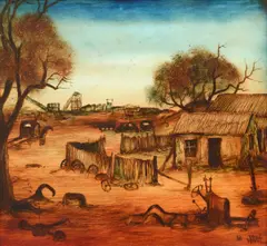 Miner's Back Yard by Pro Hart, 1966, oil on board, sold Mar 2016