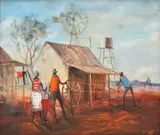 The Greenhide Rope Maker, Brunette Downs, N.T. by Hugh Sawrey, oil on board, sold Mar 2016