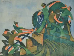 Sybil Andrews, The Giant Cable, 1931, linocut on oriental tissue laid on paper