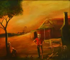 Woodchopper (Masks) by Pro Hart, oil on board, sold Dec 2015