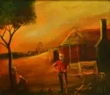 Woodchopper (Masks) by Pro Hart, oil on board, sold Dec 2015