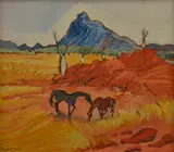 Elizabeth Durack, Two Horses in Landscape, oil on board