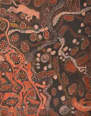 Johnny Warangula Tjupurrula, Dingo Camp at Tinki, 1973, acrylic on board