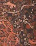 Johnny Warangula Tjupurrula, Dingo Camp at Tinki, 1973, acrylic on board