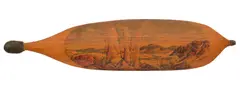 Central Australian Landscape by Albert Namatjira, woomera hand-painted in watercolour and pencil, varnish and Kangaroo sinew and peg, sold Dec 2015