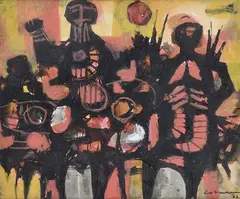 The Warriors by John Coburn, 1962, mixed media on paper, sold Sep 2015