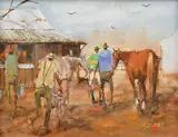 In the Stalls, Boulia Races by Hugh Sawrey, oil on canvas, sold Sep 2015