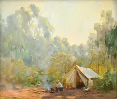 Man at Camping Ground by Ernest Buckmaster, oil on canvas, sold Sep 2015