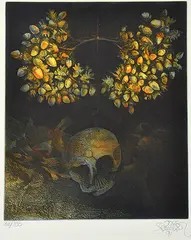 Skull and Branches by Jörg Schmeisser, 1991, coloured etching 62/100, sold Aug 2015