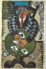 Lewis Morely, The Card Player, linocut AP