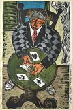Lewis Morely, The Card Player, linocut AP