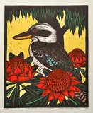 Leslie van der Sluys, Kookaburra and Waratah, 1983, hand coloured linocut 13/90
