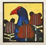 Leslie van der Sluys, Australian Blue Waterhen and Banksia Coccinea, 1982, hand coloured linocut 62/90