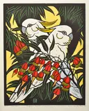Leslie van der Sluys, Sulphur Crested Cockatoos and Fuschia Gum, 1981, hand coloured linocut A/P (2nd state)
