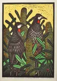 Leslie van der Sluys, Red Wattlebirds and Banksia Attermata, 1982, hand coloured linocut 64/80
