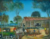 Unloading the Press by Pro Hart, oil on canvasboard, sold Jun 2015