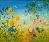 David Boyd, Children and Sunflowers, oil on board